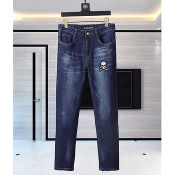 

Italian Starbag PP skull head fashion embroidery four season jeans men's casual slim blue elastic straight leg pants men's pants