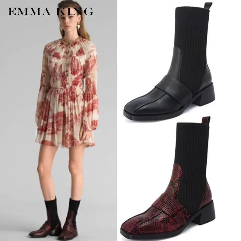 

EMMA KING 2019 Winter Cowboy Real Leather Stretch Sock Ankle Boots For Women With Chunky Heel And Square Toe
