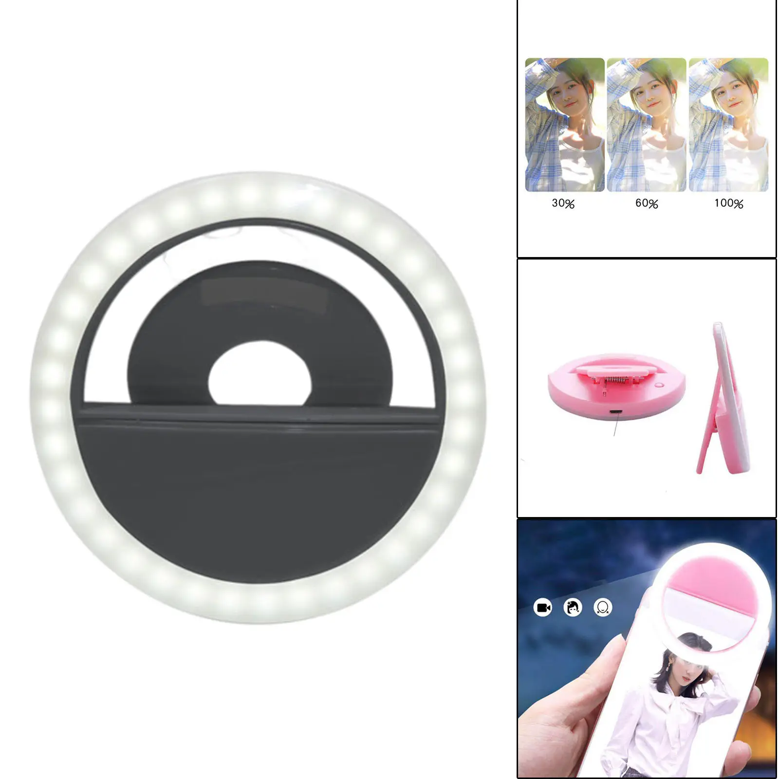 LED Selfie Loop Light Mini 250mAh Portable USB Charging 3 Modes Dimmable Fill Light for Video Live Streaming Camera Cell Phones