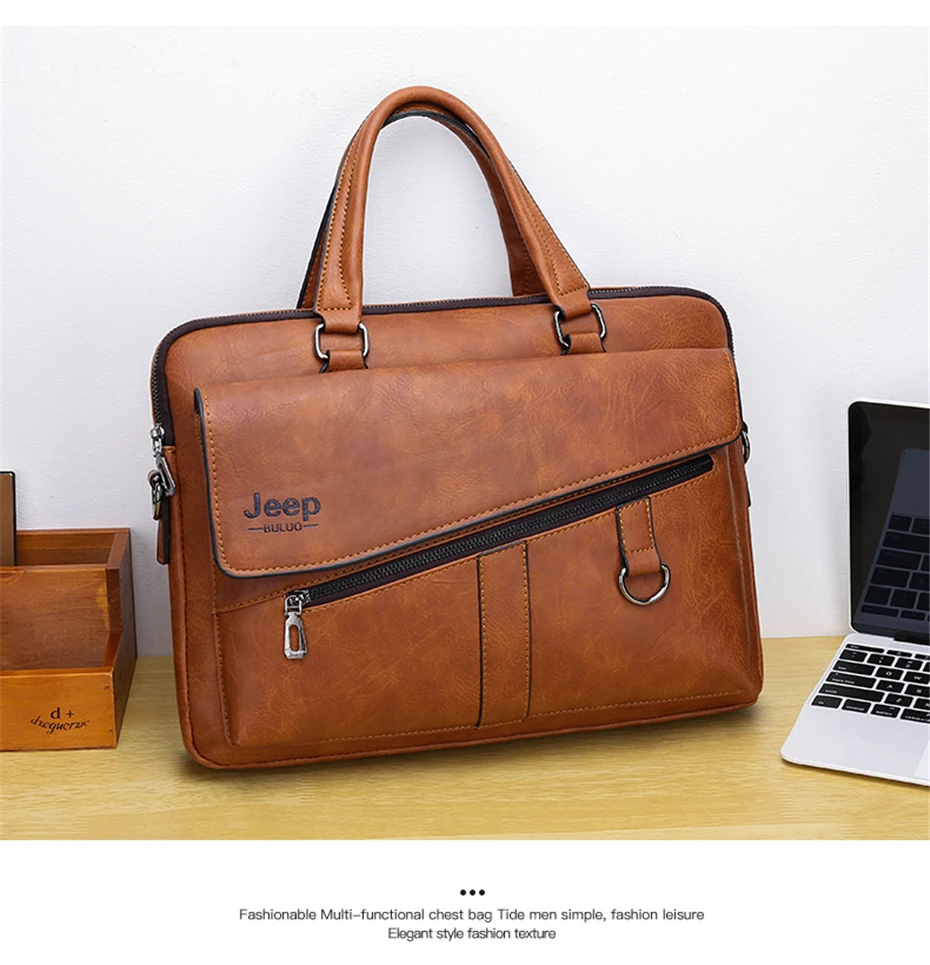 JEEP BULUO Men Briefcase Split Leather Laptop New Bag 14" PC Doctor Lawyer Computer Bag Totes Male Vintage Business Men Bags