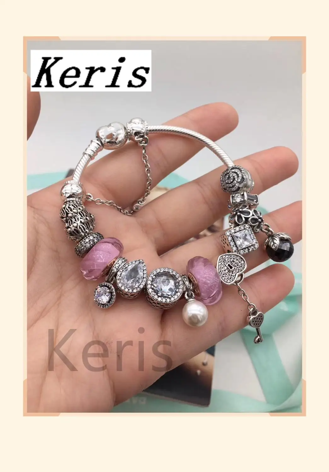 

High Quality 1:1 100% Silver Pink Glass Beads Grape Pendant String Bracelet First Choice For Gift Free Package