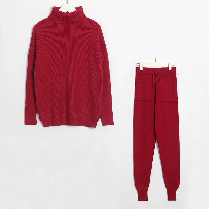 Wine Red Wixra, женские комплекты свитеров, водолазка, повседневный джемпер с длинным рукавом, топы+ вязанные длинные штаны, комплекты из 2 предметов, Осень-зима - Цвет: Wine Red