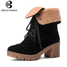 BONJOMARISA/Новинка 34-43; зимние Нескользящие ботинки на платформе; женские теплые плюшевые ботинки на платформе; женская обувь на высоком не сужающемся книзу массивном каблуке