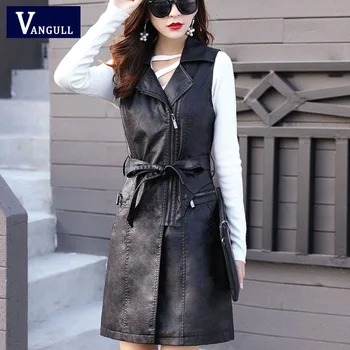 

Vangull High Quality PU Leather Women's Vest Long Trench Coat New Female Sleeveless Waistcoat Faux Leather Blazer Plus Size 4XL