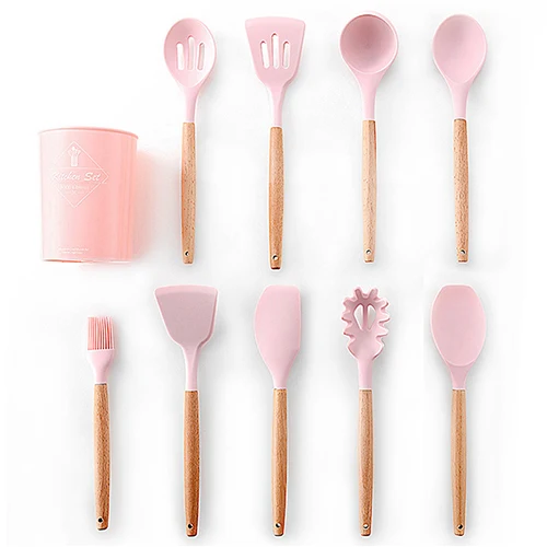 pink 10pcs-B Новейший набор силиконовых кухонных принадлежностей с деревянной ручкой, антипригарная лопатка черпак, кухонные инструменты FDA с ящиком для хранения - Цвет: pink 10pcs-B