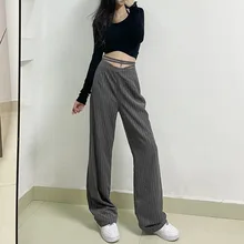 

Women 2021 Fashion Y2k Capris Pants 90s Streetwear Pantalon Cross Tie Up Joggers Women Baggy Trousers Vintage Stripe Cargo Pants