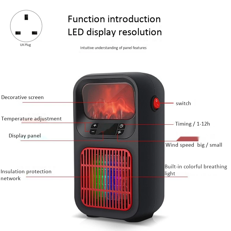 Mini Electric Flame Heater with 7 Colors Light Portable Fan Space Room Heater Air Heating Space Winter Warmer Fan