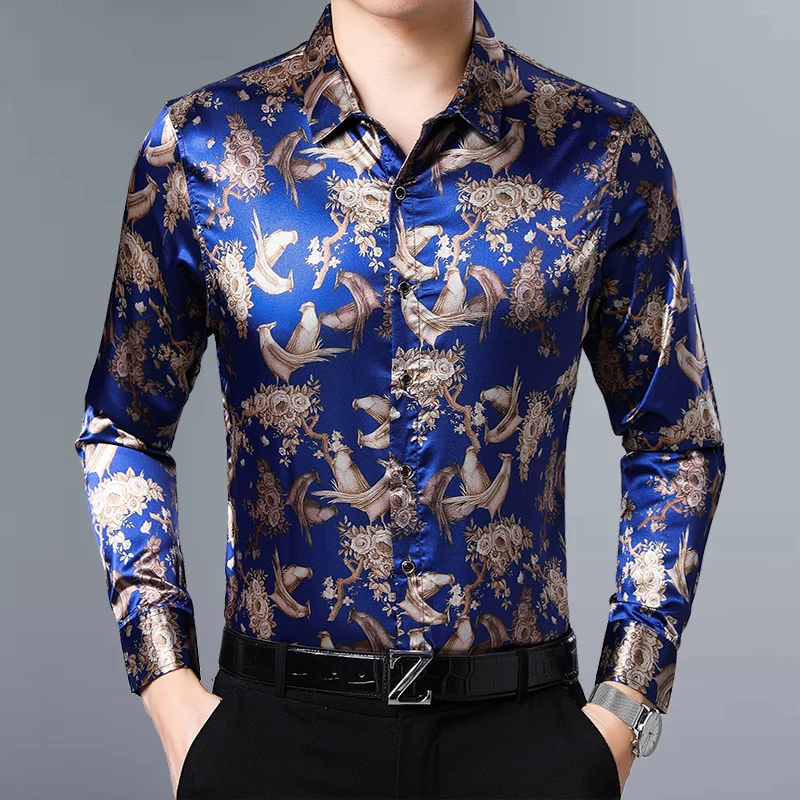 Men's Dark Blue Floral Printed Silk Elastic Long Sleeve Plus Size Shirt for Flowers Party Dress image 5