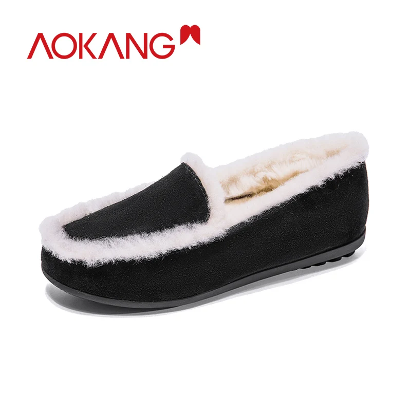 

AOKANG 2019 Flats Winter Women Bowtie Warm Female Loafers Slip on Soft Shoes Genuine Leather Short Plush Shoes Woman