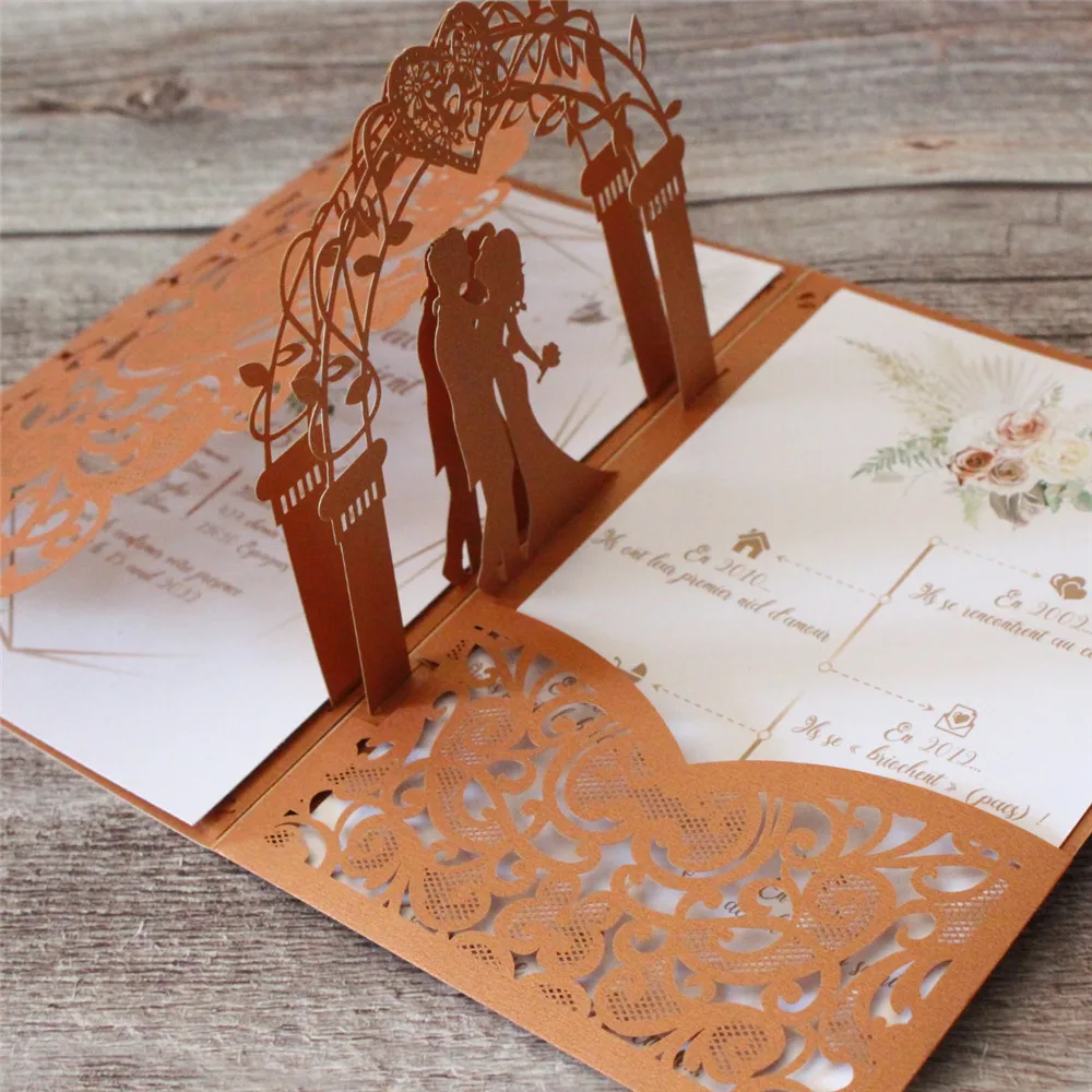 Wedding Invitations Marriage Announcements 3D Flower Laser Cut Nostalgic Pocket Invites