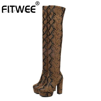 

FITWEE 2020 Platform Fashion Snakeskin Winter Women Shoes Square High Heel Round Toe Casual Over The Knee Boots Size 34-43