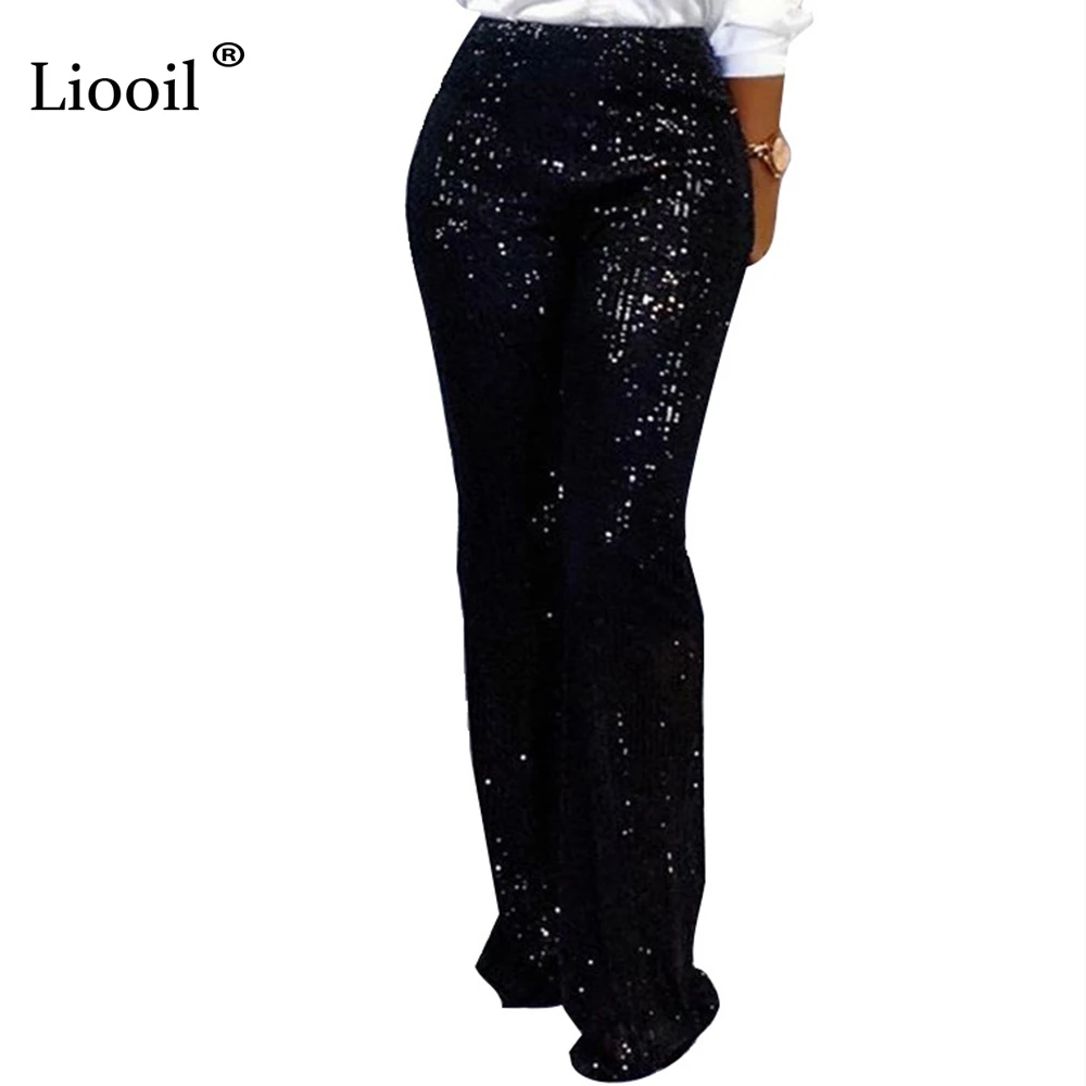 

Liooil Silver Sequin High Waisted Straight Wide Leg Pants Women Black Slacks Fall 2019 Sexy Ladies Trousers Loose Club Long Pant