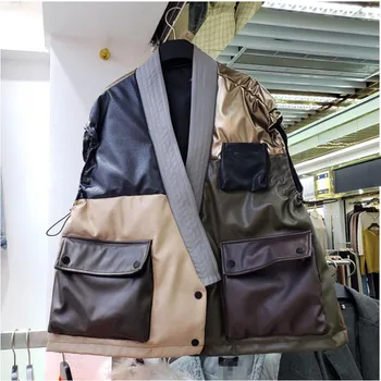 

Europe Women Winter Faux Leather Jacket Sleeveless Thick Duck Down Coat Fashion PU Vest Spliced Contrast Color Lady Streetwear