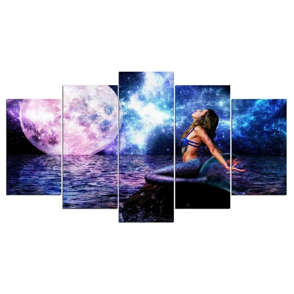 

5 Pcs Beautiful Mermaid Moon Night Poster Modern Art Wall Pictures Prints HD Canvas Home Living Room Decoration No Framed