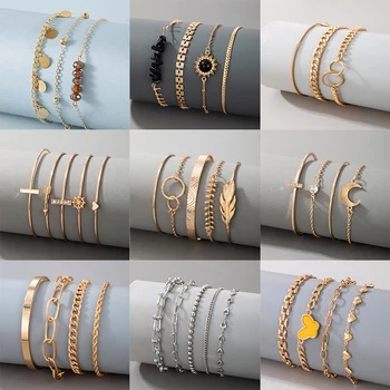 docona 9 Style Boho Crystal Crescent Stone Bangle Set for Women Heart Tree Leaf Multilayer Metal Alloy Bracelets Wedding Jewelry