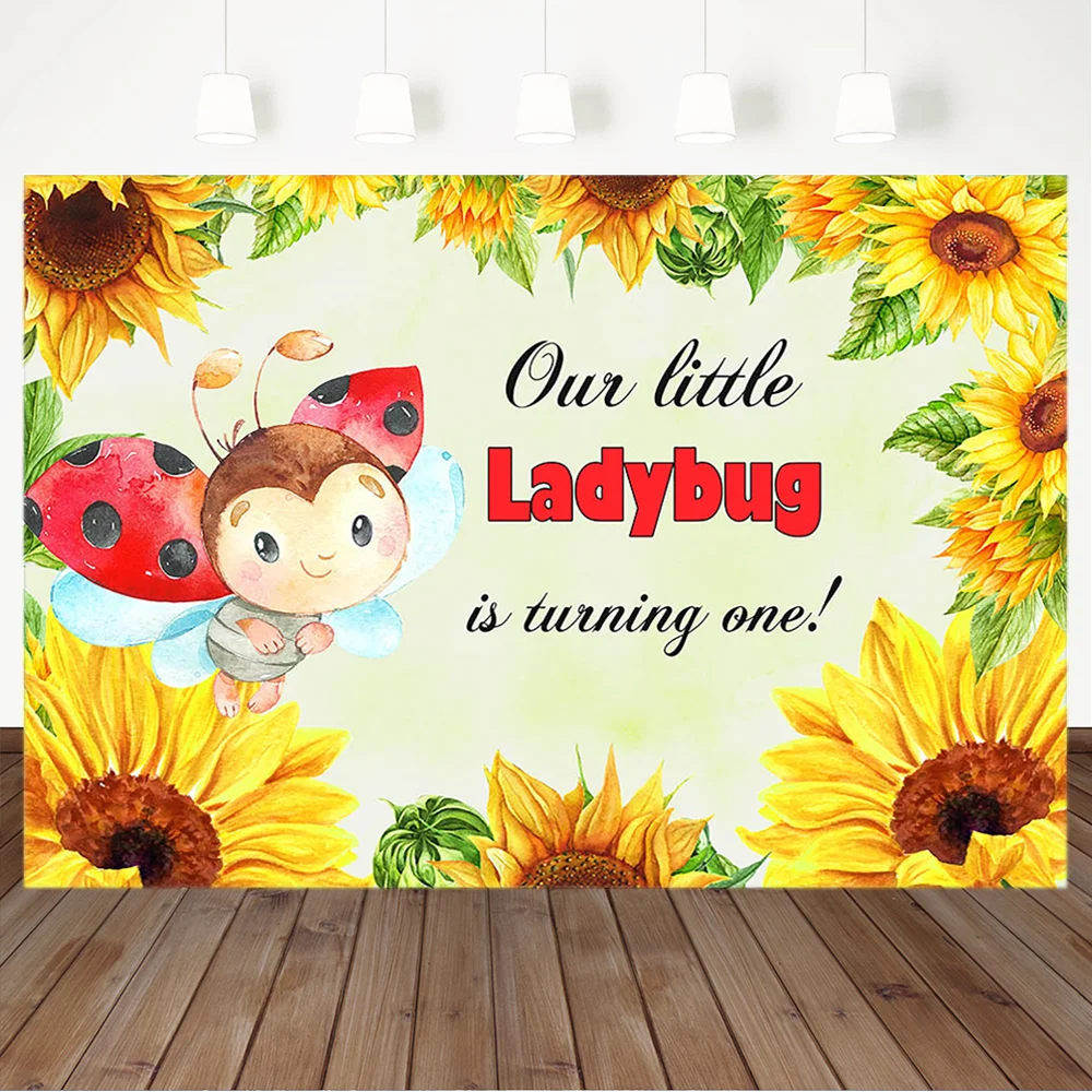 

Happy 1th Birthday Backdrop Cute Ladybug First Birthday Photography Background Sunflower Flower Baby Shower Party Decor Banner
