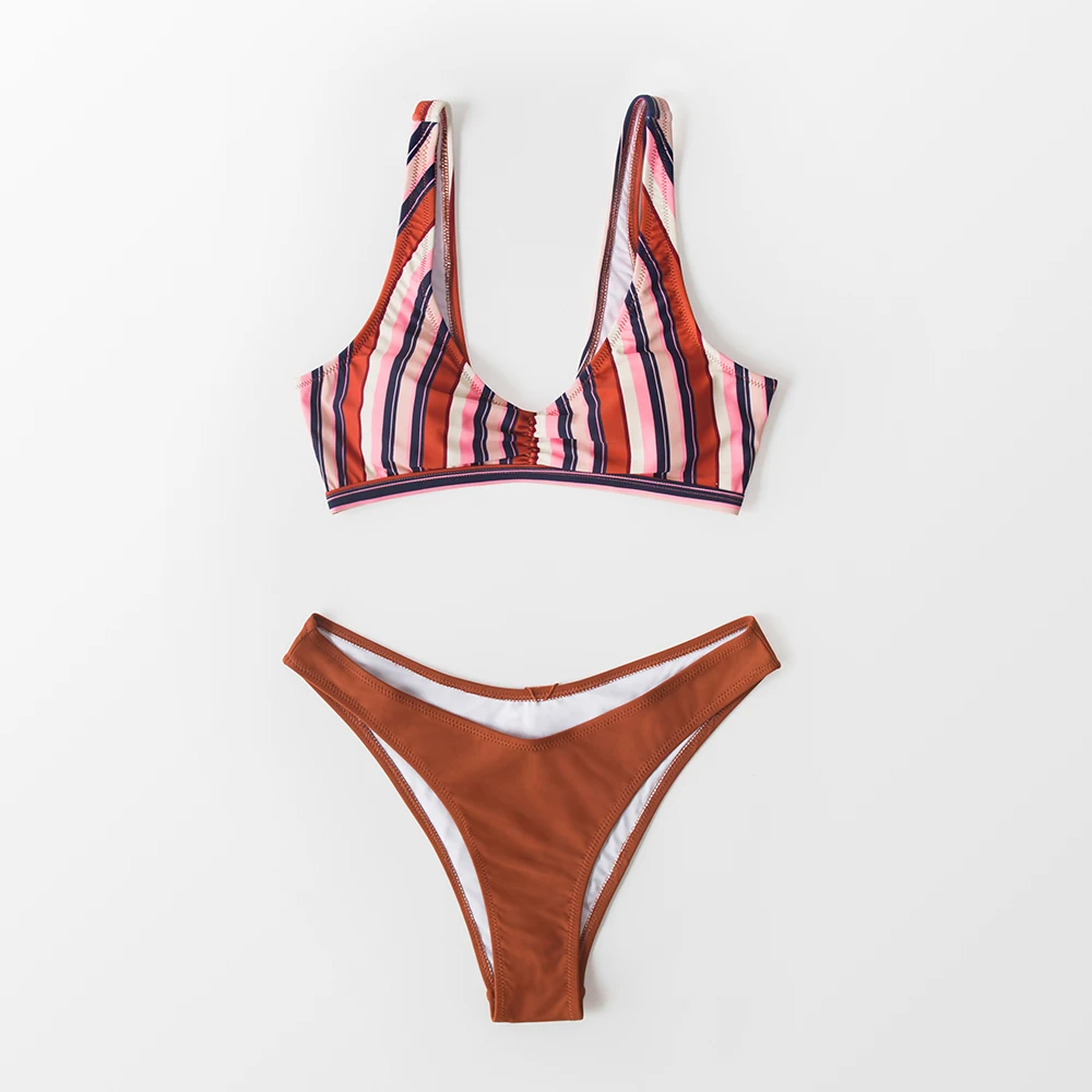SEASELFIE Sexy Brown Stripe Shirring Bikinis Set Swimwear 2020 Women Swimsuits Bathing Suit Tank Top Low-waist Biquini Beachwear