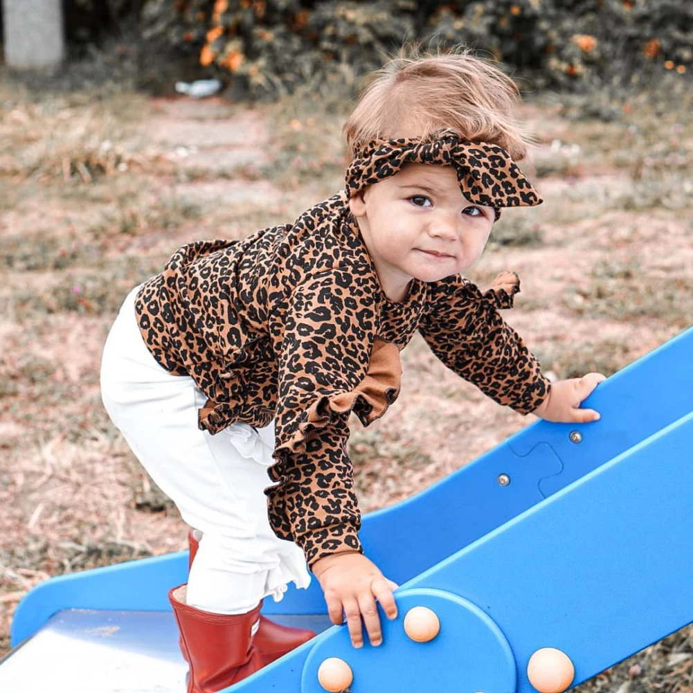 Pudcoco/Одежда для маленьких девочек леопардовые топы с рюшами и длинным рукавом Длинные штаны повязка на голову, комплект из 3 предметов одежда из хлопка