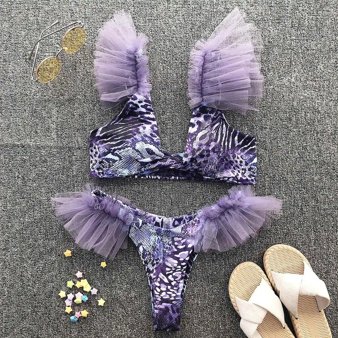 Sexy Mesh Sheer Chiffon Splicing Bikini Women Swimwear Female Swimsuit Two-pieces Bikini set Printed Bather Bathing Suit V2411