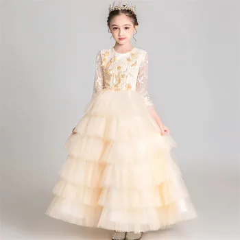 

Winter Autumn Elegant Children Girls Embroidery Lace Princess Dress For Birthday Evening Party Teens Host Costumes Layers Dress