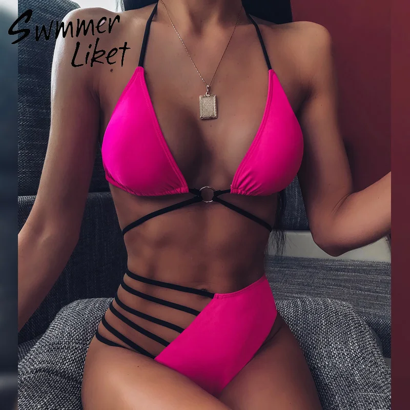 

String lace up bikini Bandage bathing suit Neon bikini 2020 Halter high waist swimwear women Brazilian sexy swimsuit female new