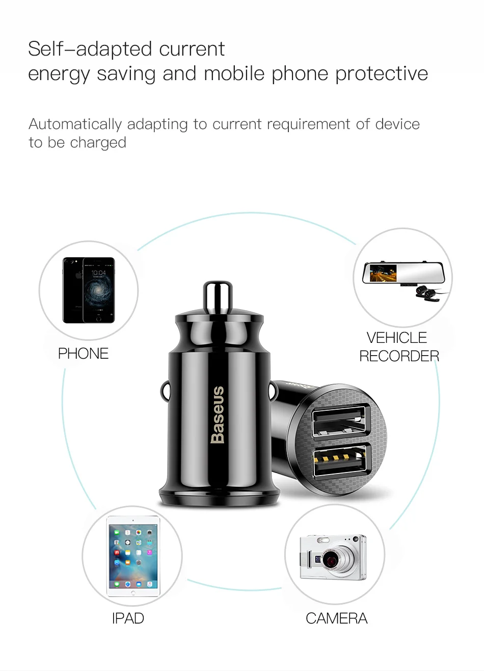 Baseus Mini Dual USB Автомобильное зарядное устройство 5 В 3.1A Быстрая зарядка 2 порта USB телефон автомобильное зарядное устройство адаптер для мобильного телефона планшета автомобильное зарядное устройство