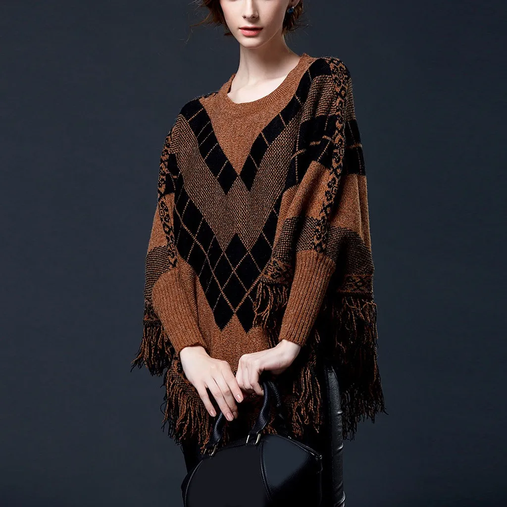 JAYCOSIN New Women Elegant Loose Sweaters Cloak Tassel Bat Sleeve Warm Soft Knitted Angyle Printed Pullover Tops Office Lady 126