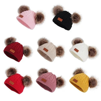 

Baby Hat Crochet Double Removable Pompom Hat For Baby Girls Winter Kids Twist Caps With Pompom Faux Fur Children's Hats Caps