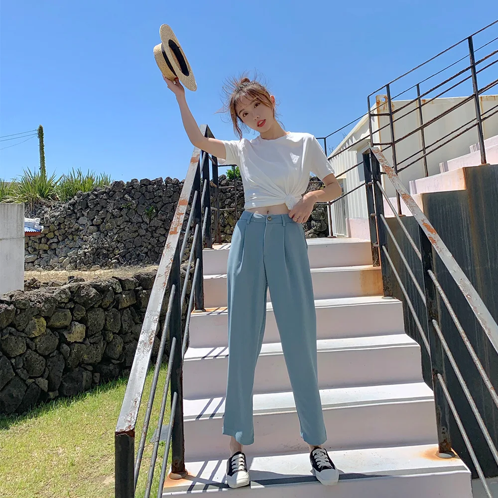 

Online Celebrity Set Pants Western Style Very Fairy Drape Loose Pants 2020 New Style xia qiao Leather Casual T-shirt Suit Studen