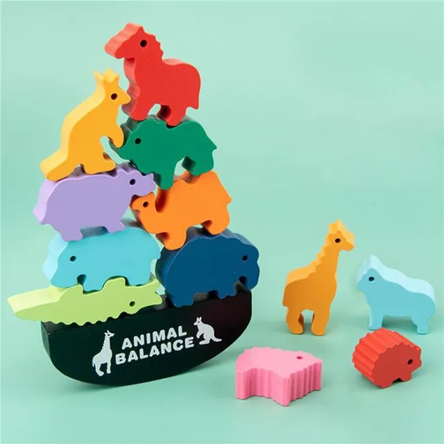 Children Montessori Wooden Animal Balance Blocks Board Games Toy Dinosaur Educational Stacking High Building Block Wood Toy Boys 4
