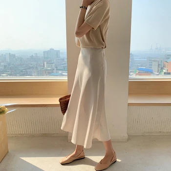 

JXMYY 2002 new style autumn fashion temperament satin silky draping texture gloss half-length skirt mid-length skirt women