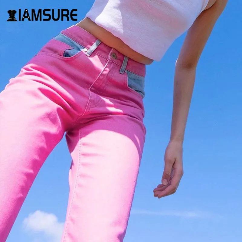 

IAMSURE Contrast Color High Waist Casual Women's Pants 2020 Streetwear Y2K Fashion Jeans Pants Female Pink Straight Trousers
