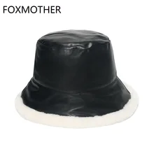 FOXMOTHER New Winter Black Army Green Plain Color Faux Fur Thick Warm Lady Faux Leather Bucket Hat Women Panama Caps Present