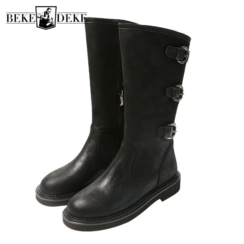 

Flat Vintage Belt Buckle Boots Women Autumn Winter New Motorcycle Riding Boots England Style Black Casual High-Top Shoes Woman