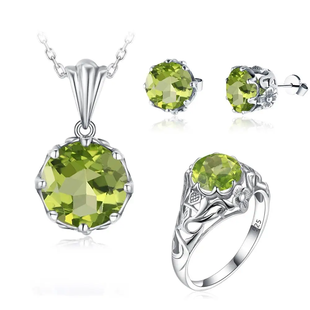 

100% Real 925 Sterling Silver Sets Bohemia Flower Carve Peridot Pendant Earring Ring Sets For Woman Fine Jewelry Creative Gifts
