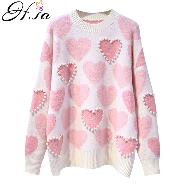 Online H. SA Frauen Gestrickte Pullover und Pullover Oneck Perlen Perlen Pullover Süße Herz Pull Jumper Langarm Kawaii Pull Femme