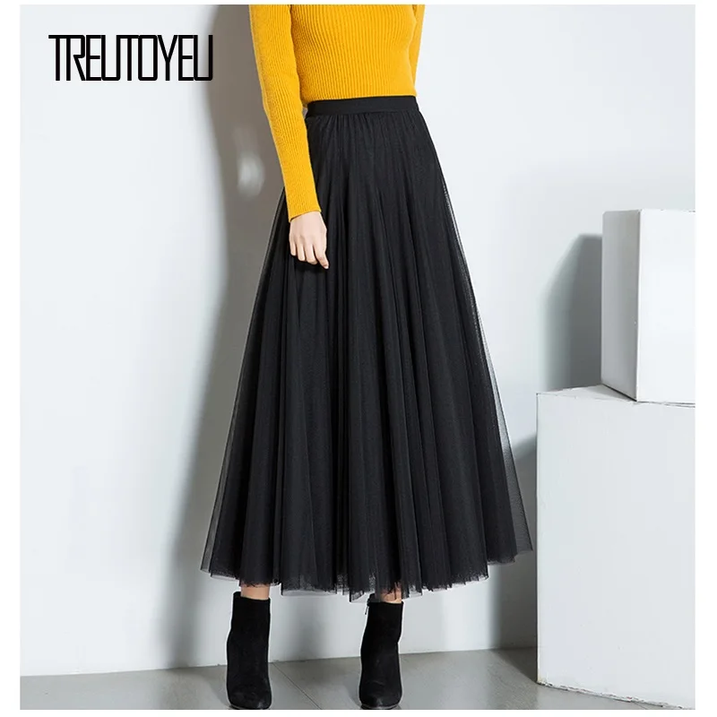 

2020 Winter Autumn Elegant High Waist Soft Tulle Skirts for Women Korean Style Solid Colors Maxi Long Skirt faldas largas