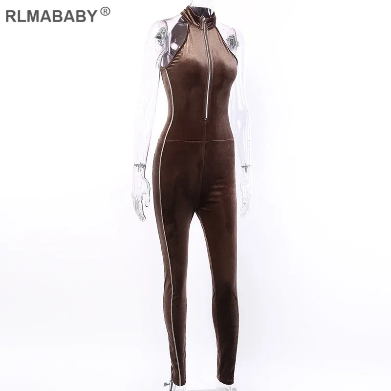 RLMABABY Slim Zipper Velvet Sexy Long Jumpsuit V Neck Sleeve Bodycon Rompers Overalls Autumn Winter Sportwear Female Jumpsuit