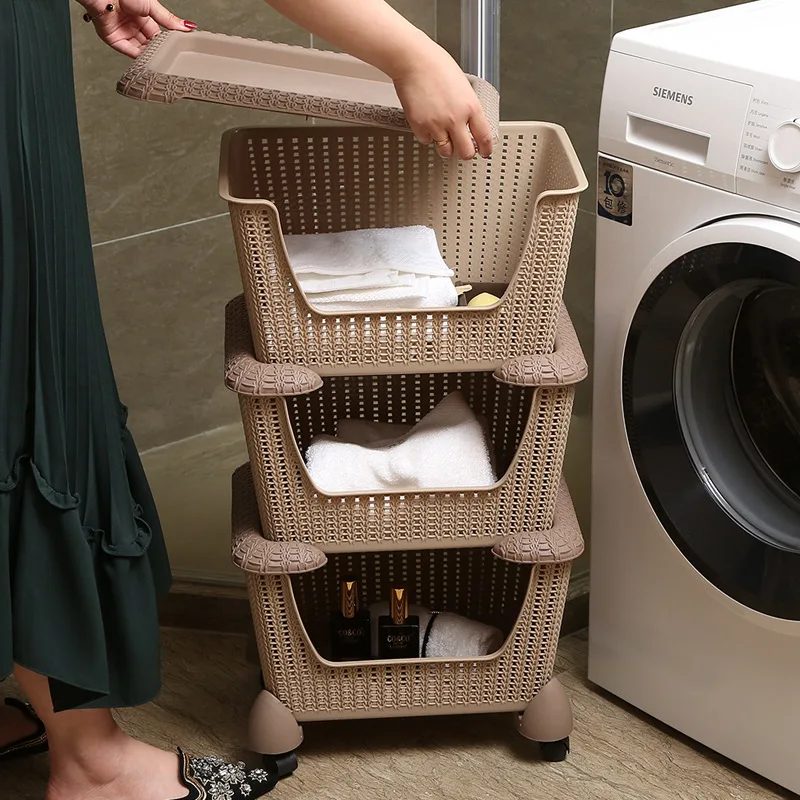 

Imitation Rattan Shelf Food & Vegetable Fruit Basket Balcony Storage Basket Kitchen Bathroom Shelf with Roller