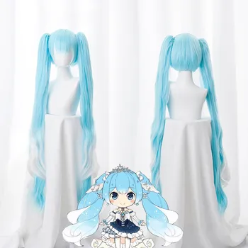 

Morematch Vocaloid Hatsune Snow Miku Cosplay Wig Gradient Blue 120cm Long Wavy Synthetic Hair With Chip Ponytails + Wig Cap