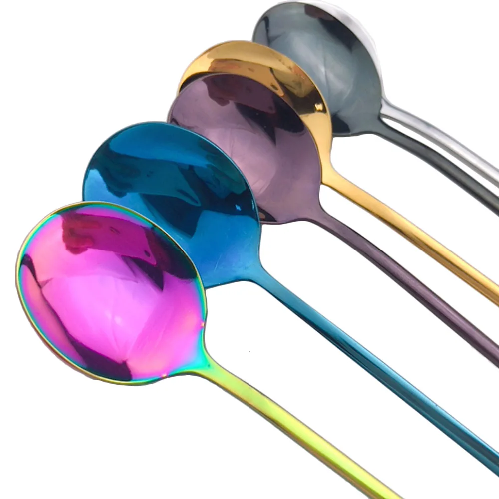 Colorful Rainbow Black Coffee Dinner Dessert Spoons Table Teaspoon Round Scoop Long Handle Spoon Dinnerware Salad Drinking 1pc tea spoon