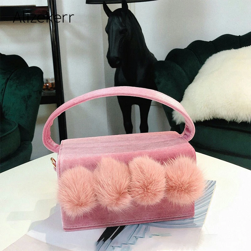 

Pompom Velvet Box Handbag Women 2019 Autumn Korean Designer High Quality Fur Ball Small Square Shoulder Bag Cute Clutch Purse