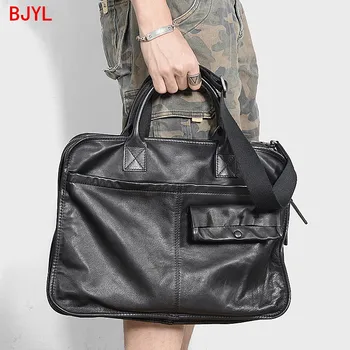 

Men's Briefcases Retro Genuine Leather Handbag Leather Business Laptop Shoulder Bag Briefcase Black Cowhide Leather Luxury Men