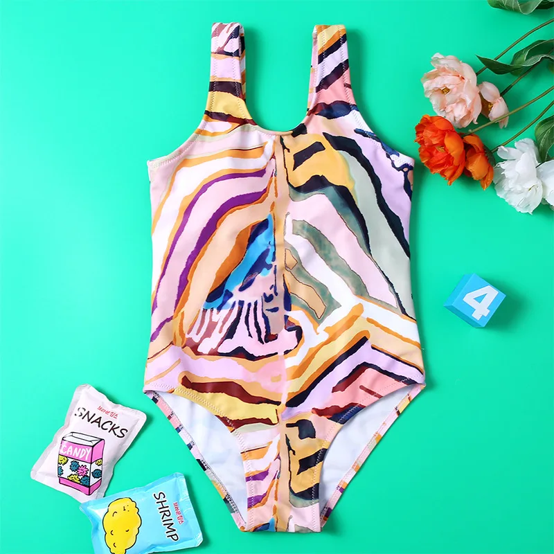 

Tiger Stripe Pattern Girl One Piece Swimsuit Kids 7-14 Years Children's Swimwear Teenagers Bathing Suit Monokini Beachwear 2022