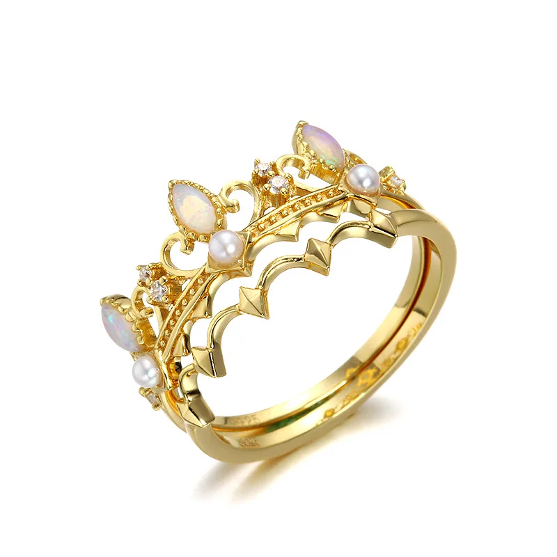 

Luxury Crown 9K Pure Real Yellow Genuine Gold Opal Pearl Stackable Rings Set Bands for Women Girl Retro Gemstone Jewelry Gift