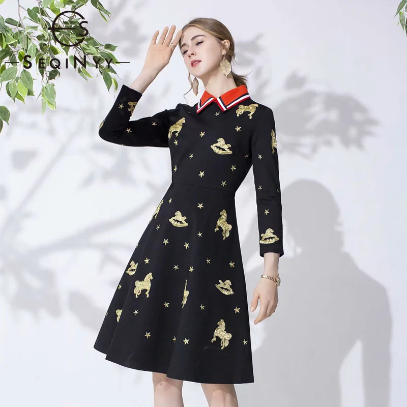 

SEQINYY Black Dress 2020 New Fashion Design High Quality Golden Embroidery Animals Knee Women Autumn Winter Dress