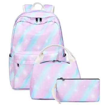 

3 Pc/set Silver Composite Backpack Ladies Waterproof Outdoor Leisure Travel Backpack Lunch Bag Pencil Bag Student School Bag