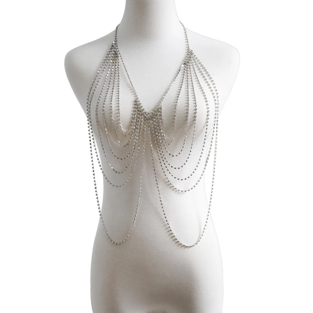 Boho Кристальные цепи для тела пляжная цепь бикини бюстгальтер модный шарм жгут золотые аксессуары для тела ювелирные изделия для женщин и девушек