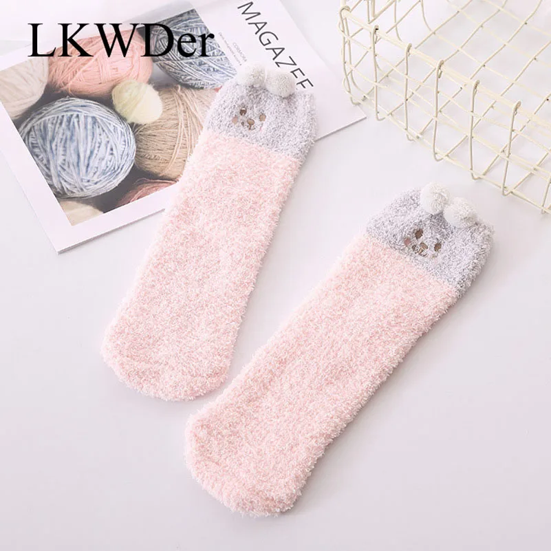 LKWDer, 3 пары, женские зимние носки, Kawaii, женские, Мультяшные, домашние, махровые носки, толстые, теплые, для женщин, коралловый флис, женские, японские