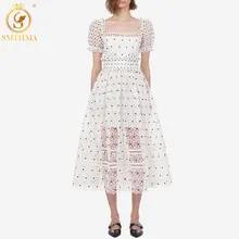 SMTHMA de alta calidad de verano las mujeres retrato de moda vestido de pista vintage manga de encaje blanco vestido sexi vestidos